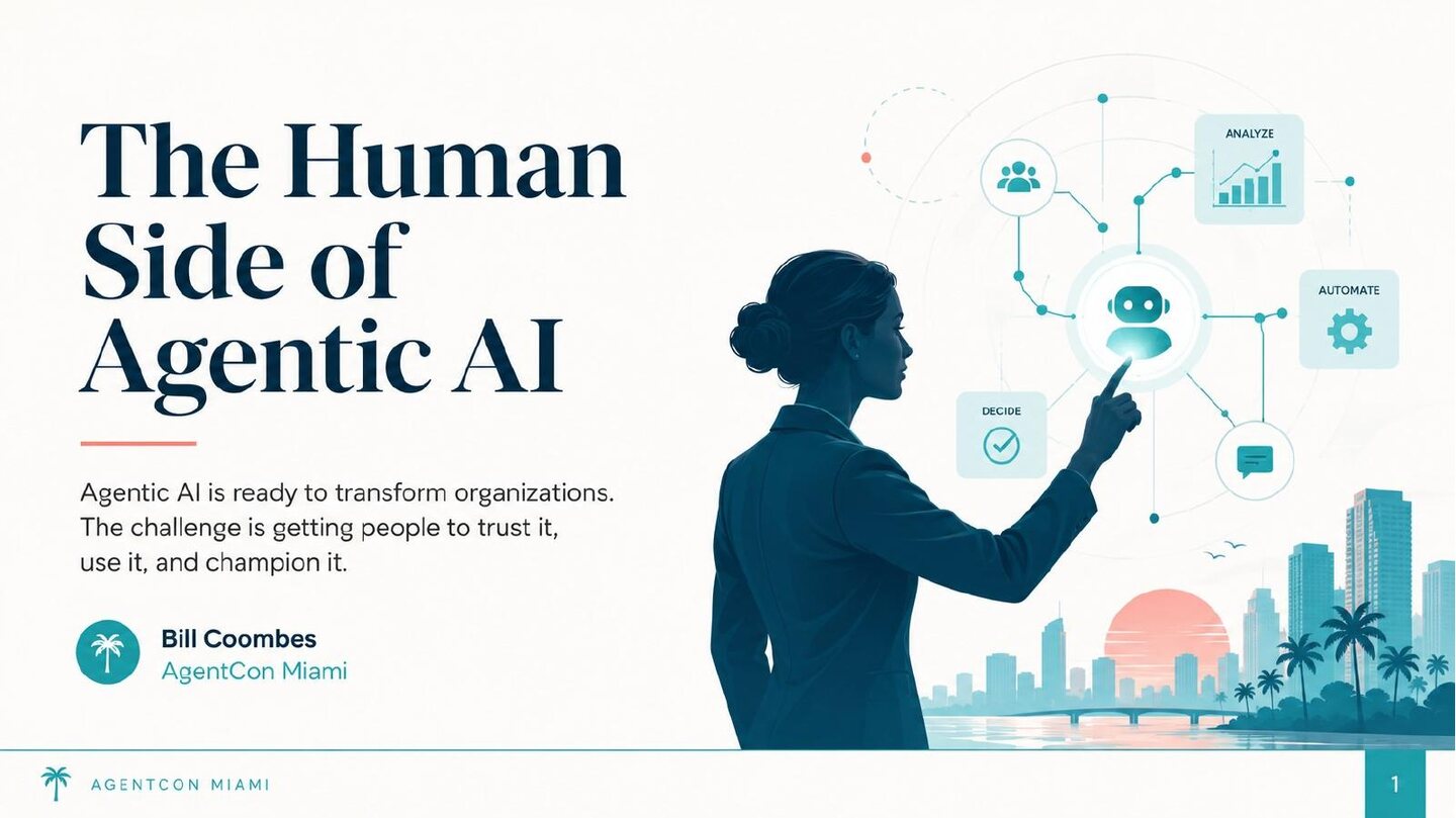 Title slide for The Human Side of Agentic AI, presented by Bill Coombes at AgentCon Miami